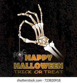 halloween greeting card with skeleton hand, vector illustration