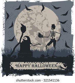 Halloween greeting card with skeleton and skull.
Vector image can be used for Halloween greeting card, posters, banners and invitation.