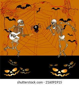  halloween greeting card with skeleton, vector illustration