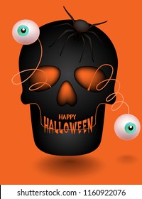 Halloween greeting card with skull with jumped out eyes and spider. Vector Illustration