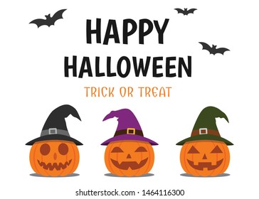Halloween greeting card with smile pumpkin devil wearing witch hat on white background - Vector illustration