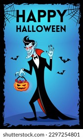 Halloween greeting card. Smiling cartoon vampire Dracula holds a pumpkin basket with sweets. Dark blue background with bats. Vector illustration for halloween