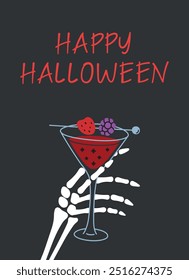 Halloween greeting card, spooky cocktail vector illustration. Skeleton hand holding drinking glass with berries garnish. Simple flat cartoon banner. Dark background with festive Halloween lettering