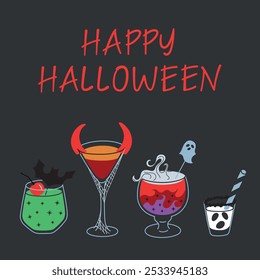 Halloween greeting card with spooky drinks and creepy cocktails. Vector illustrations in flat, cartoon design for Halloween parties or invitations, glasses with punch garnished with devil horns, bat