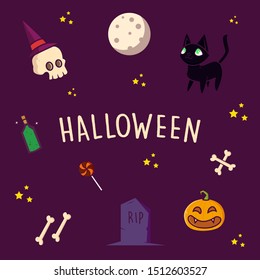 halloween greeting card. Halloween supply vector set, pumpkin jack hat vector, candy vector, star, black cat vector
