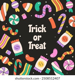 Halloween greeting card with sweets and candies. Trick or treat. Vector illustration in flat style