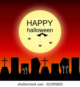 Halloween greeting card template with bloody sky, moon, graveyard and bats for use in design