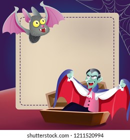 Halloween greeting card template. Cute cartoon bat, Dracula in coffin and copy space for text. Design can be used for flyers, banners, invitation cards