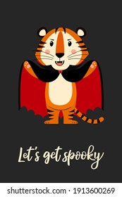 Halloween greeting card template with cute tiger in vampire costume, symbol of year 2022 according to the Chinese calendar. Handwritten text of "Let's get spooky". Vector stock hand-drawn illustration