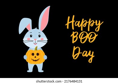 Halloween greeting card template with a cute rabbit with jack'o'lantern pumpkin, the symbol of the year 2023 according to the Chinese calendar. Vector stock illustration with Handwritten text