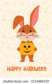 Halloween greeting card template with a cute rabbit with jack'o'lantern pumpkin, the symbol of the year 2023 according to the Chinese calendar. Vector stock illustration with Handwritten text