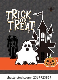 Halloween Greeting Card Template Design with ghost and witch house icon