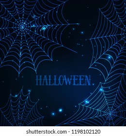 Halloween greeting card template with glowing spider webs and text on dark blue background. Futuristic design vector illustration.