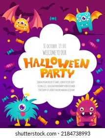 Halloween Greeting Card Template. Invitation poster for kids party with cute monsters bats, pumpkins, candies, clouds and dark background. Vector cartoon hand drawn illustration for your design