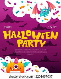 Halloween Greeting Card Template. Invitation poster for kids party with cute monsters bats, pumpkins, candies, clouds and dark background. Vector cartoon hand drawn illustration for your design