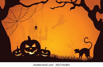 Halloween greeting card template. Jack o lantern, spooky cat and trees.