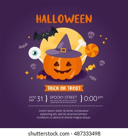 Halloween greeting card template. Place for your text. Vector illustration with pumpkin in a witch hat, moon, bat and candy. Design for invitation and party.