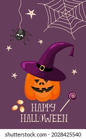  Halloween greeting card template with pumpkin, cute spider, cobweb and candy. Modern cartoon vector illustration for halloween party design, flyers, menu etc