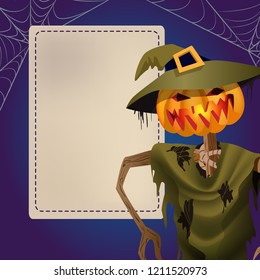 Halloween greeting card template. Scarecrow, jack o lantern and copy space for text on dark background. Design can be used for flyers, banners, invitation cards