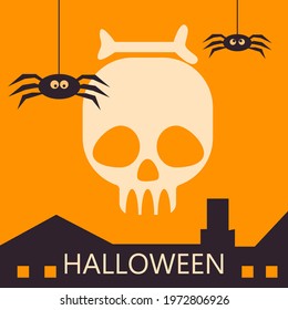 Halloween greeting card template with a skull, funny hanging spiders and city roofs.  Abstract helloween pattern for greeting card, party invitation, menu, poster, t shirt print etc. Vector artwork