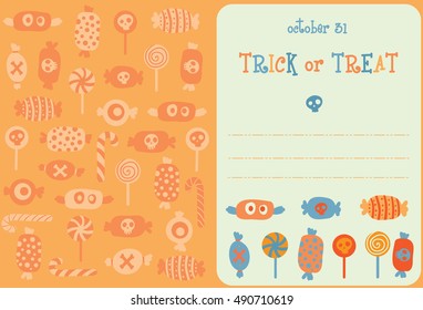 Halloween greeting card template. Vector illustration with place for text and hand drawn Halloween symbols. Gorgeous clip art for design.Trick or treat.
