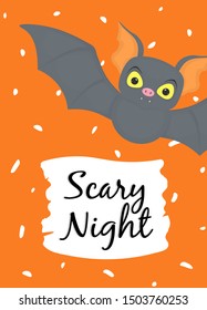 Halloween greeting card with text crazy night on orange background with bat. Design for holiday poster. Vector 