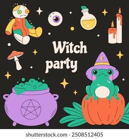 Halloween greeting card with toad, voodoo doll, cauldron with potion, pumpkin. Vector illustration in flat style