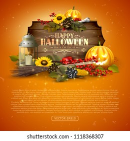 Halloween greeting card with traditional decorations and wooden sign.