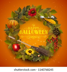 Halloween greeting card with traditional decorations. Wreath shape.