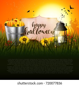 Halloween greeting card with traditional decorations in the woods at sunset and place for text