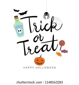 Halloween greeting card. Trick or treat calligraphy hand written. Scary spider with poison or candy. Pumpkin holiday cartoon.