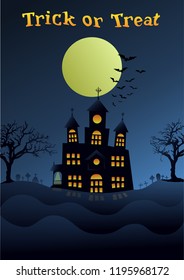 Halloween greeting card for trick or treat October holiday party celebration. Vector haunted house, Halloween moon night and black witch bats for October horror design