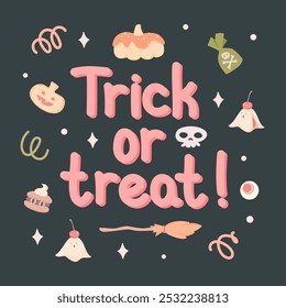 Tarjeta de felicitación de Halloween. ¡Truco o trato!