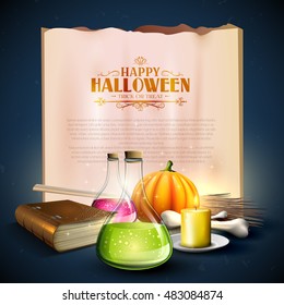 Halloween greeting card - Tubes with potions, old book,pumpkins and empty paper on blue background