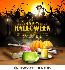 Halloween greeting card - Tubes with potions, old book, lantern and wooden sign in front of scary farmhouse and graveyard