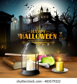Halloween greeting card - Tubes with potions, old book, lantern and wooden sign in front of old graveyard