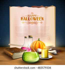 Halloween greeting card - Tubes with potions, old book,pumpkins and empty paper on blue background