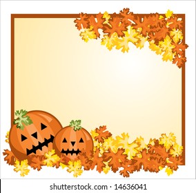 Halloween greeting card with two pumpkin and leaf of autumn