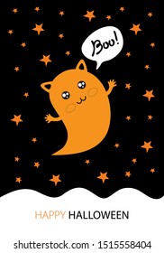 Halloween greeting card in vector. Cute doodles for Halloween Party with a cute Ghost cat flying among the stars and the moon in the sky. Ghost says boo. Hand drawn illustration for greeting card