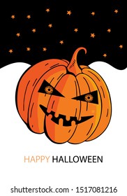 Halloween greeting card in vector. Cute doodles for Halloween Party with fun and scary orange pumpkin and night sky with stars and moon. Hand drawn illustration for greeting card, poster, banner.