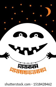 Halloween greeting card in vector. Cute doodles for Halloween Party. Creepy and funny Ghost on the background of the starry night sky holds flags with the inscription happy Halloween. Hand drawn