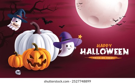 Diseño de Vector de tarjeta de felicitación de Halloween. Feliz texto de halloween con calabazas, fantasmas y Elementos de luna llena en un fondo de noche espeluznante. Diseño de tarjeta de fiesta de horror de Ilustración vectorial.   
