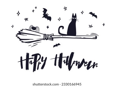 Halloween greeting card. Vector hand drawn outline cat and spider flying on broom with lettering isolated on white background. EPS10