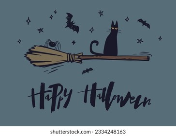 Halloween greeting card. Vector hand drawn cat and spider flying on broom with lettering. EPS10