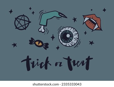 Halloween greeting card. Vector hand drawn elements on dark grey background. EPS10