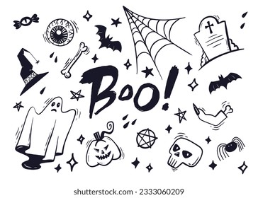 Halloween greeting card. Vector hand-drawn isolated black outline elements with lettering on white background. EPS10