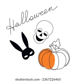 Halloween greeting card vector. Holiday icon set. Handwritten calligraphic text, line continuous pumpkin drawing, skull, black rabbit mask. Graphic print, banner, poster, party invitation, brochure.
