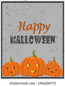 Halloween greeting card. Vector illustration with jack-o-lanterns 
and cobweb.  Halloween pumpkins on grunge gray background. Art for cards, posters and banners.