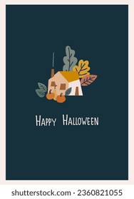 Halloween greeting card. Vector illustration with home and pumpkin and lettering. Hand-lettered greeting phrase