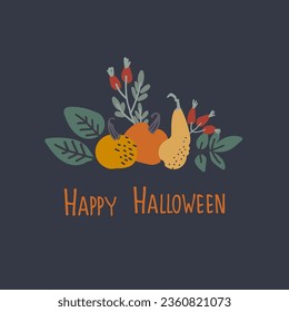 Halloween greeting card. Vector illustration with pumpkin and lettering. Hand-lettered greeting phrase